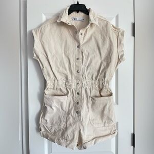 Zara Cream Denim Utility Shorts Playsuit Romper Size Large